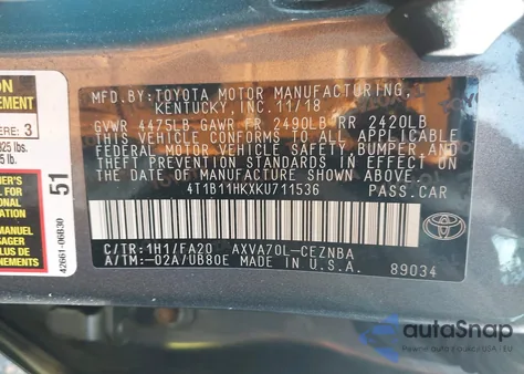 2019 Toyota Camry Le from USA, damaged, VIN 4T1B11HKXKU711536